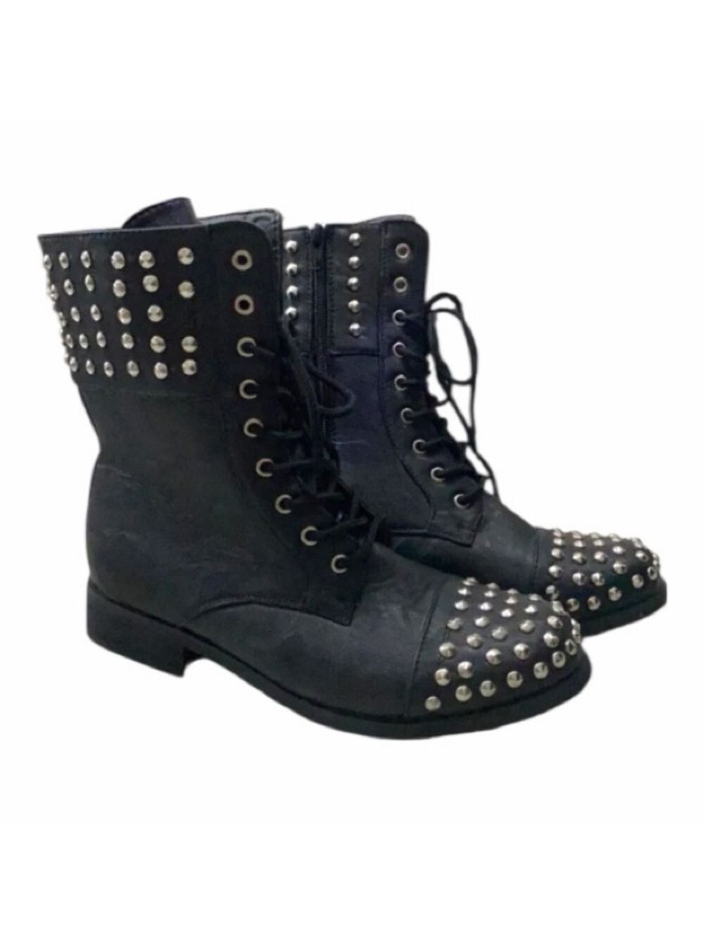 CA Collection by Carrini Black Metallic Studs Lace-Up Combat Boots Size 6.5